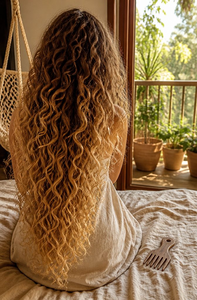 Long curly hair fading from light brown roots to blonde ends