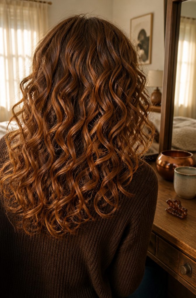 Light brown curls with auburn and copper tones through the mid-lengths and ends