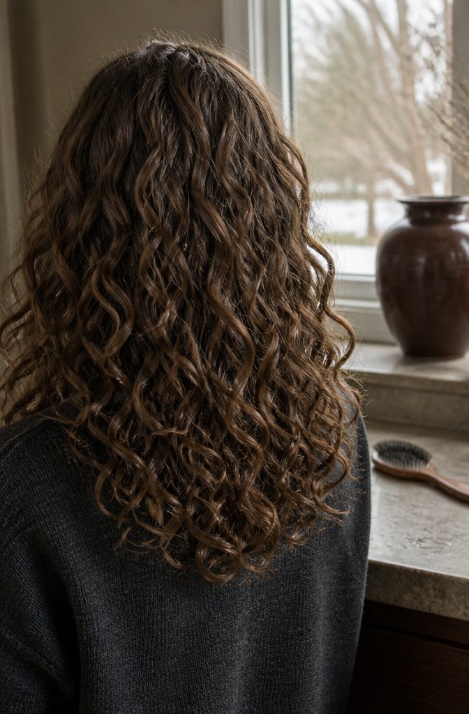 Curly hair in medium ash brown with deeper chocolate tones and natural highlights