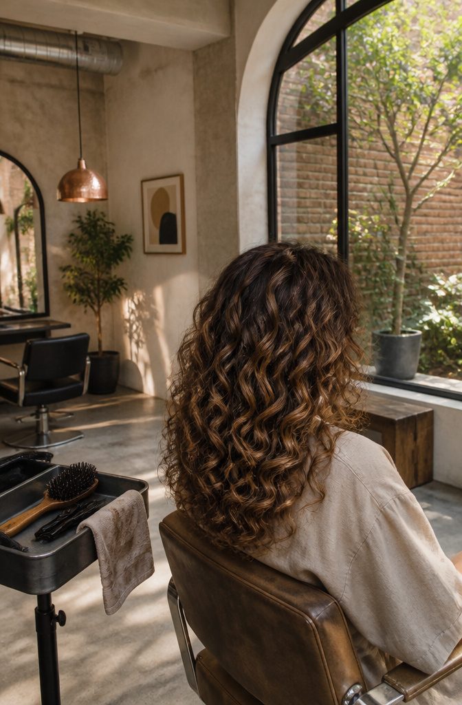 Medium brown curls with chocolate lowlights beneath lighter surface sections