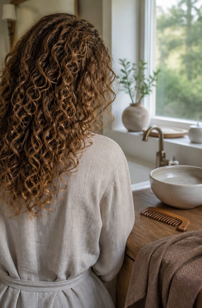 Softly defined curls in an even light brown shade close to medium brown