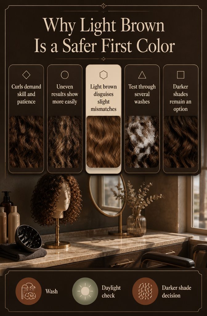 Beauty information graphic titled Why Light Brown Is a Safer First Color