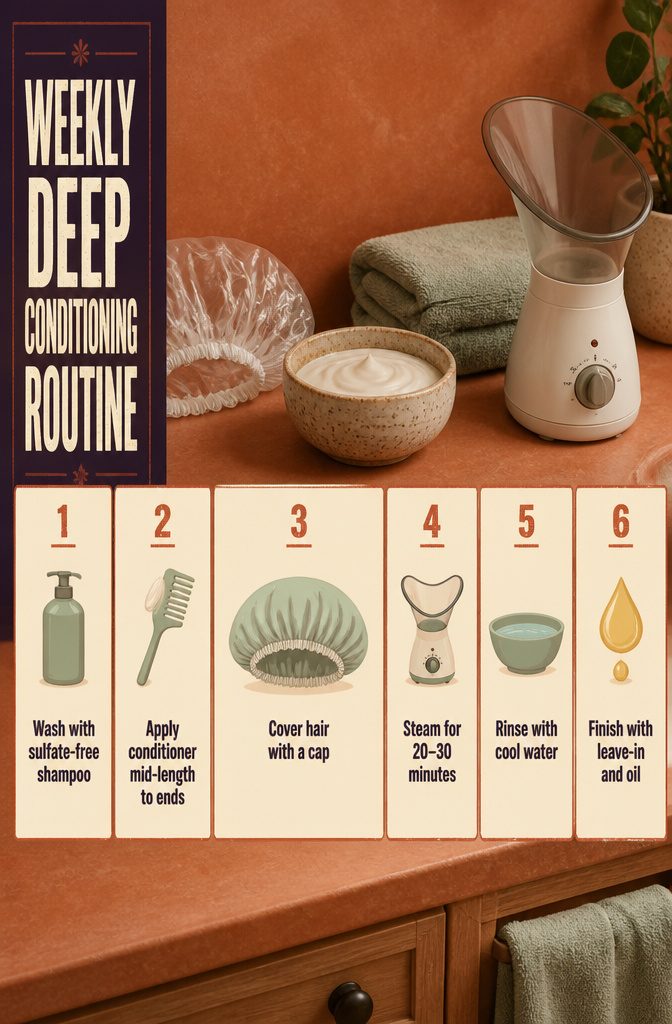 Weekly deep-conditioning routine infographic for 4C hair