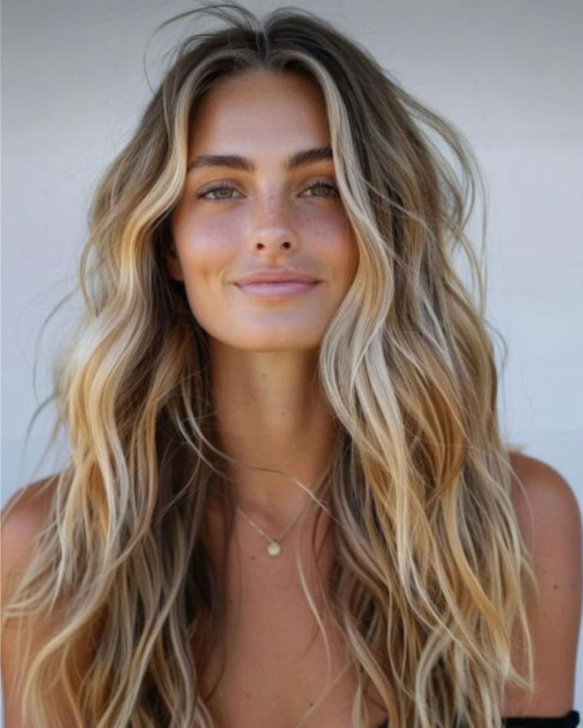 Woman with long blonde beach waves and darker roots, parted in the middle