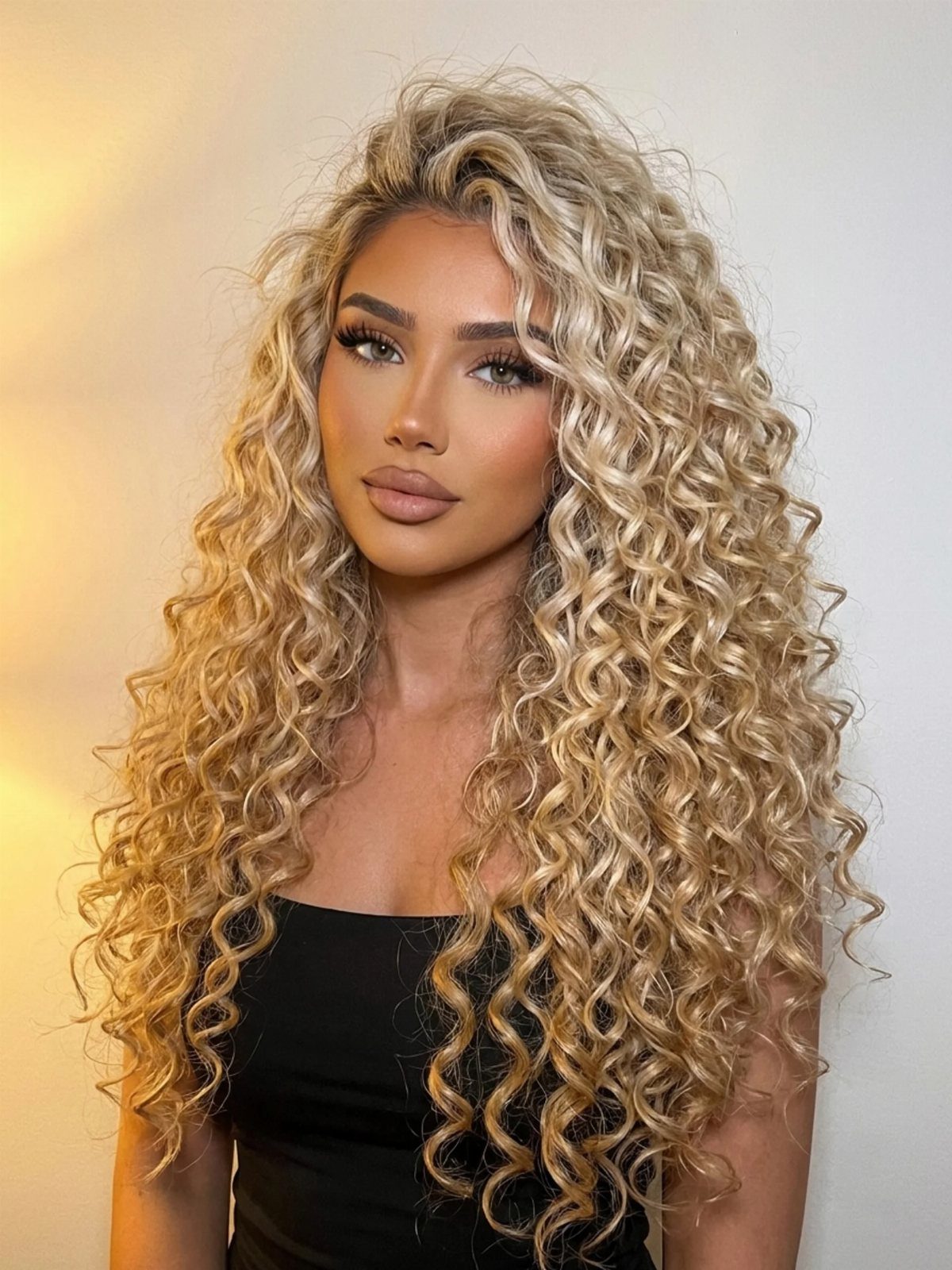 Woman with long, voluminous blonde curls wearing a black sleeveless top