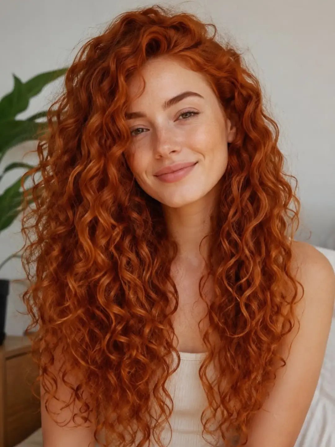 Woman with long, full copper-red curls cascading over her shoulders