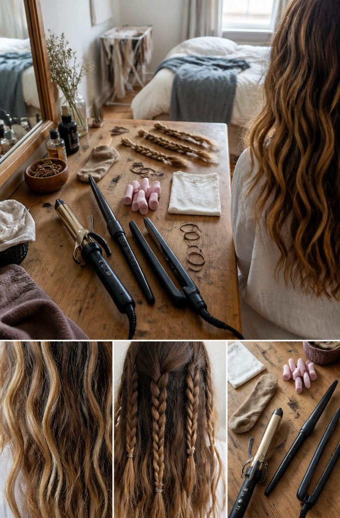 Long hair with waves beside a curling iron