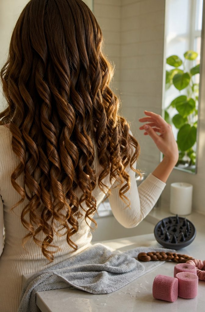 Long hair with formed curls cooling before styling