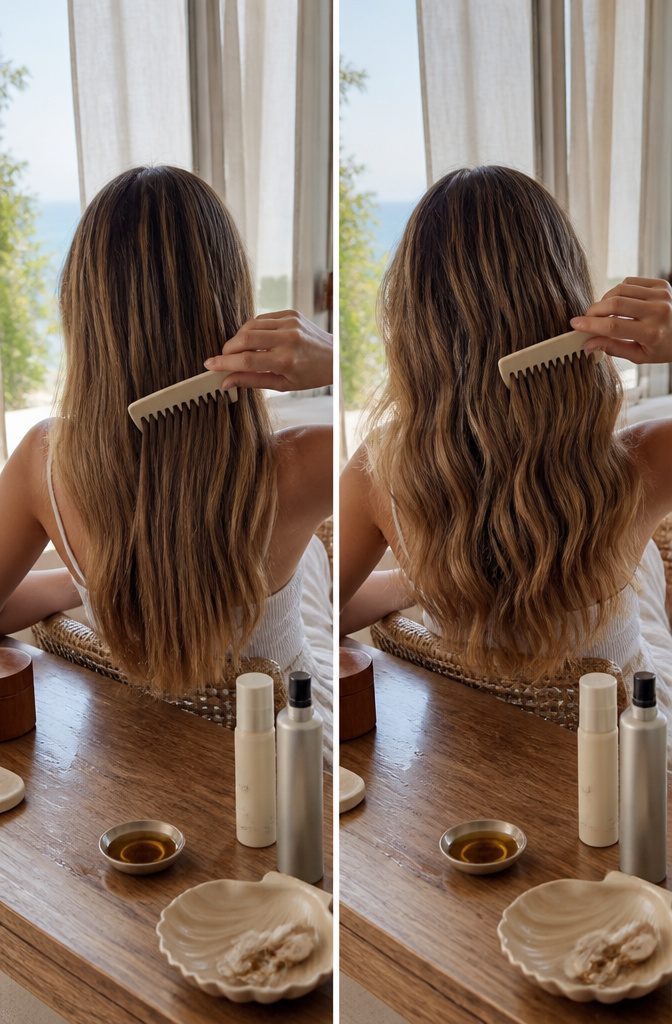 Long hair with curls loosened into waves by fingers