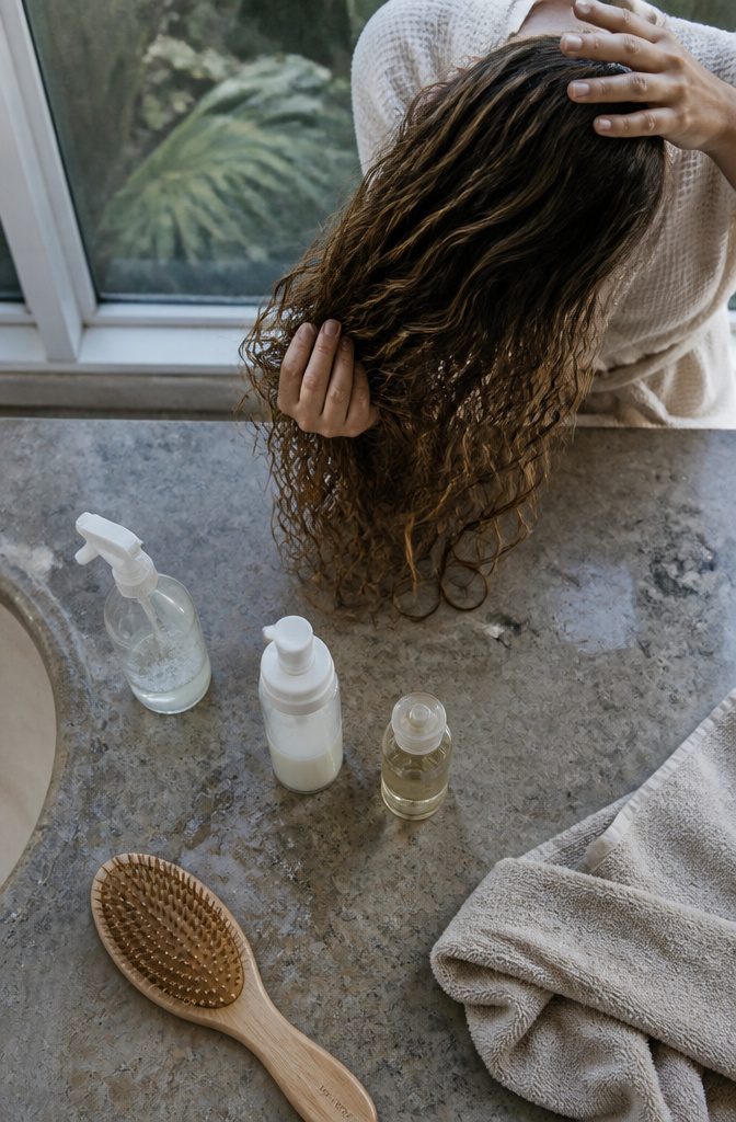 Long beach waves styled with product for hair texture