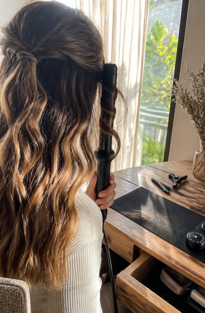Long hair sections wrapped around a curling iron with straight ends