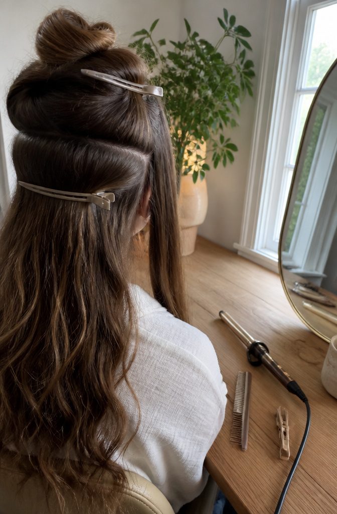 Long thick hair clipped in horizontal layers with a lower section exposed