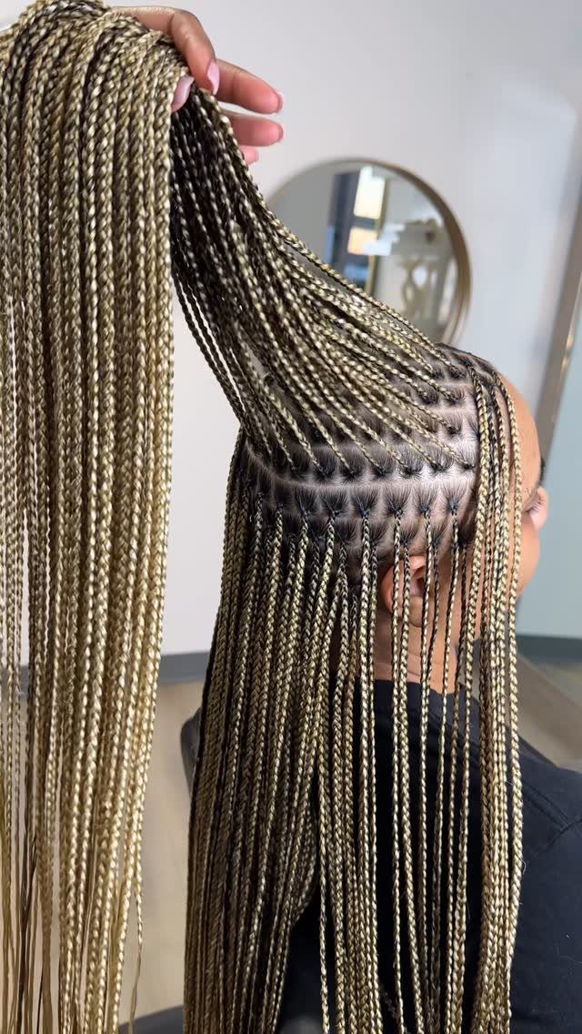 Long brown box braids with lighter highlights lifted above neat scalp parts