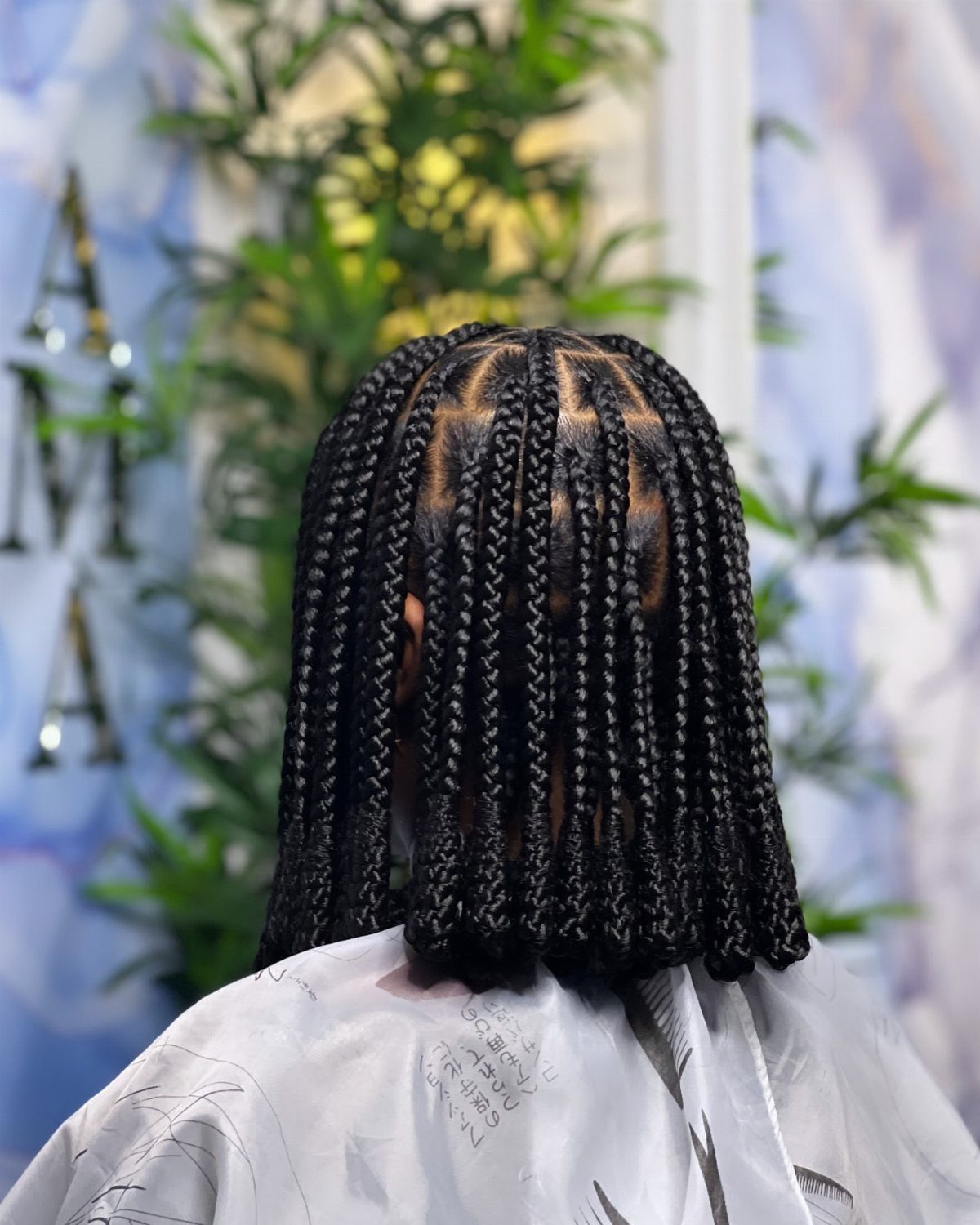 Shoulder-length black medium box braids shown from behind in a salon chair