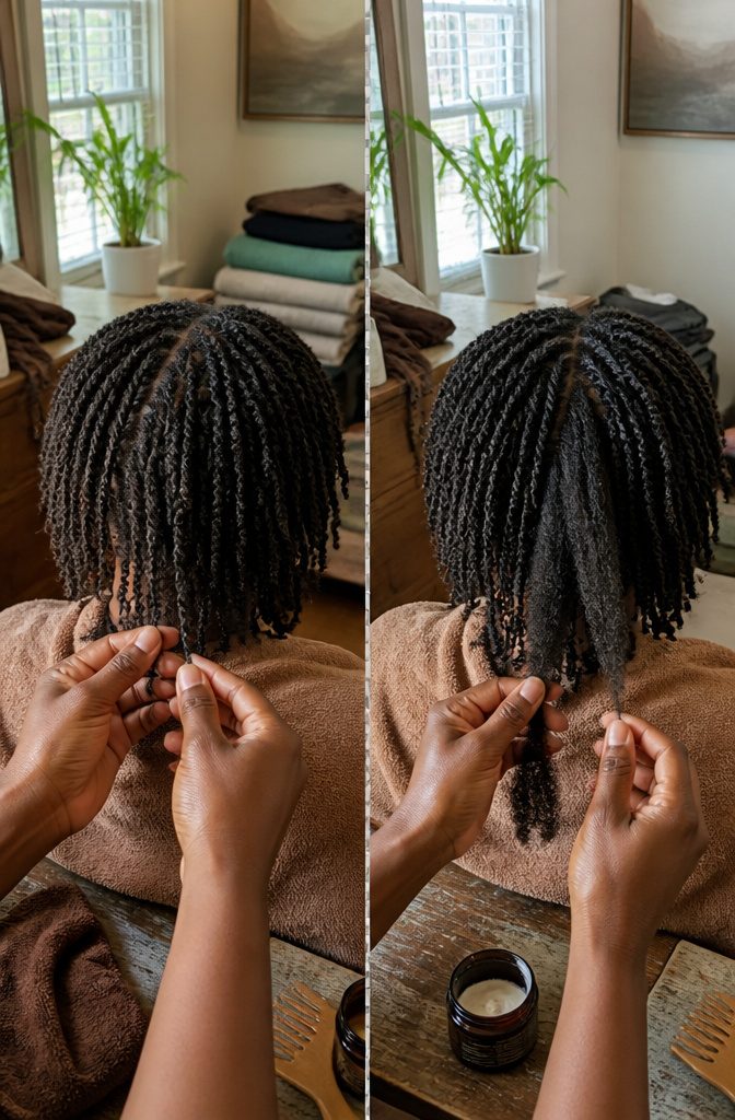 Natural hair styled in mini twists with visible scalp parts