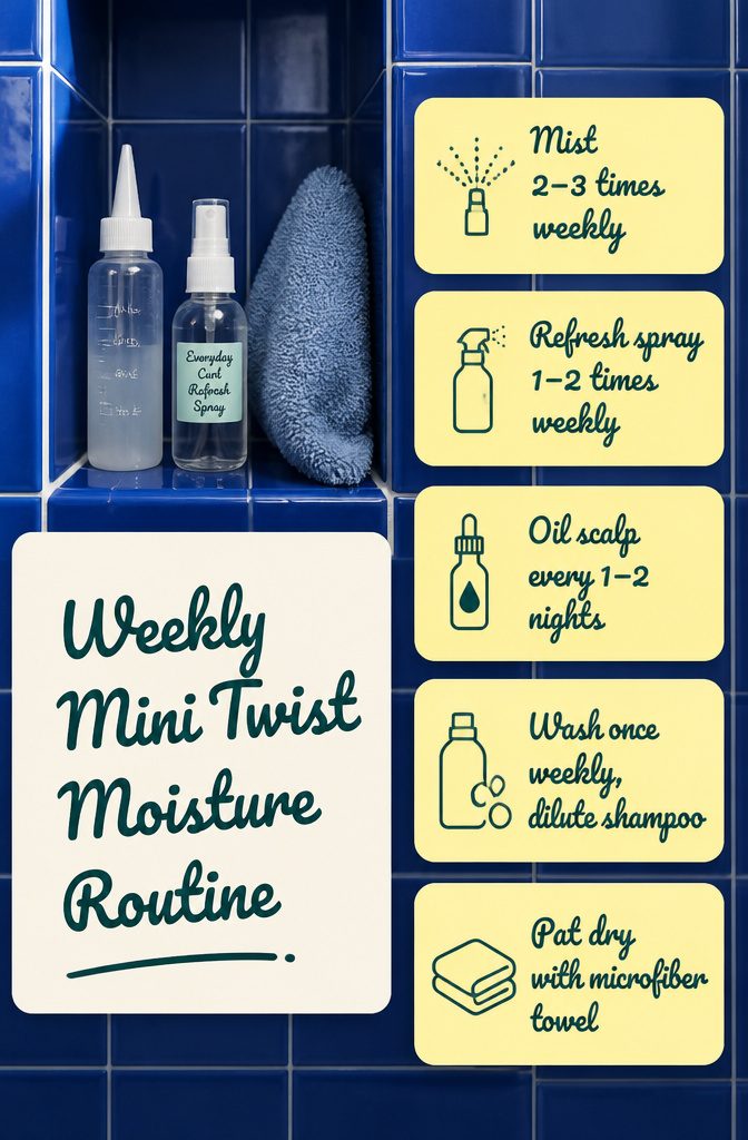 Mini twist moisture routine with hair spray and scalp oil