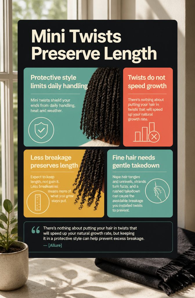 Natural hair mini twists illustrating length retention