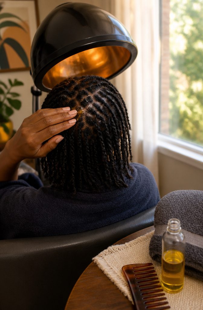 Mini twists under a hooded dryer as fingers apply oil at the scalp