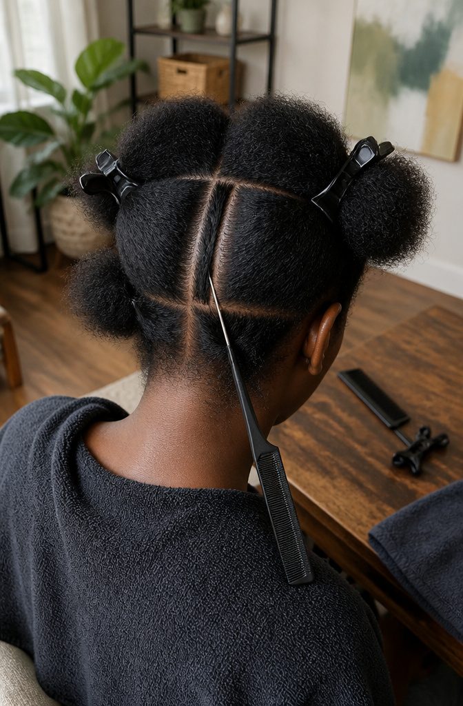Natural hair divided into clean sections with visible part lines