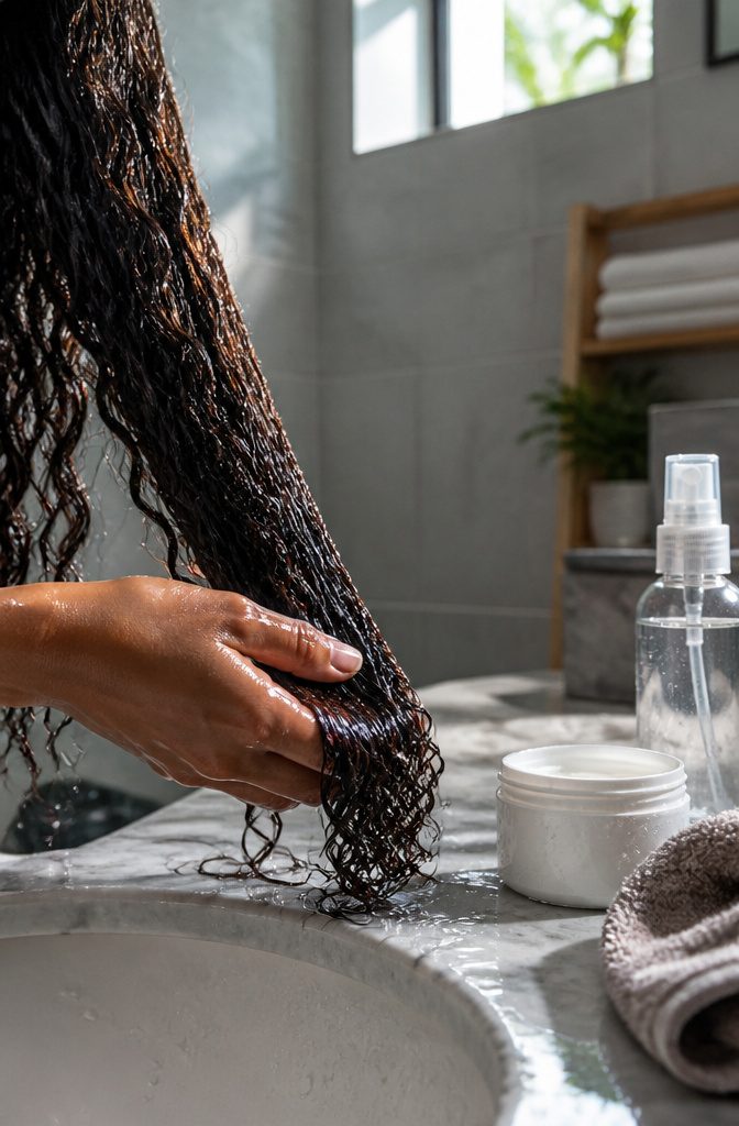 Leave-in conditioner and water-based hair products beside natural curls