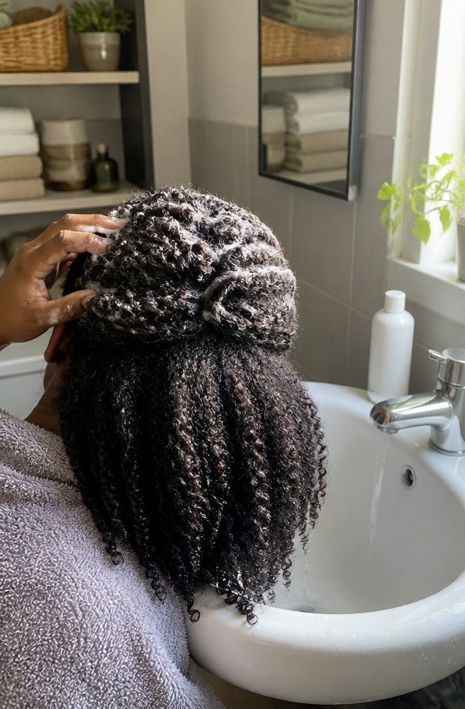 Woman with dense type 4 coils leaning over a basin as shampoo is worked into her roots