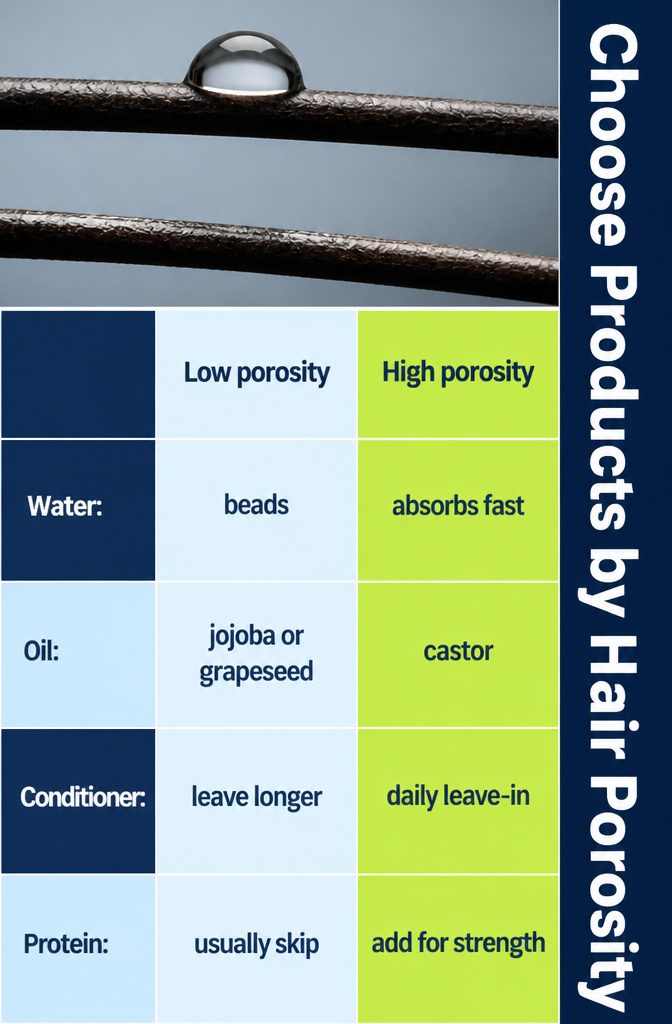 Water droplets on hair strands showing different levels of absorption