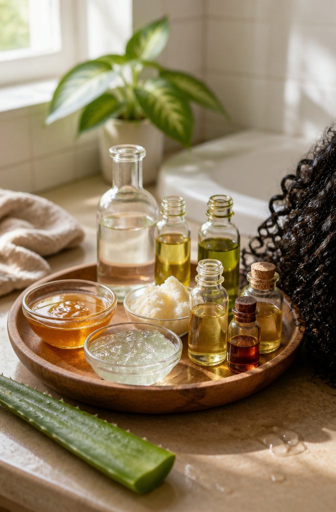 Honey aloe vera oils and shea butter arranged as hair care ingredients
