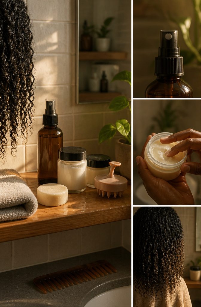 Leave-in cream shampoo bar and fine mist spray bottle beside natural curls