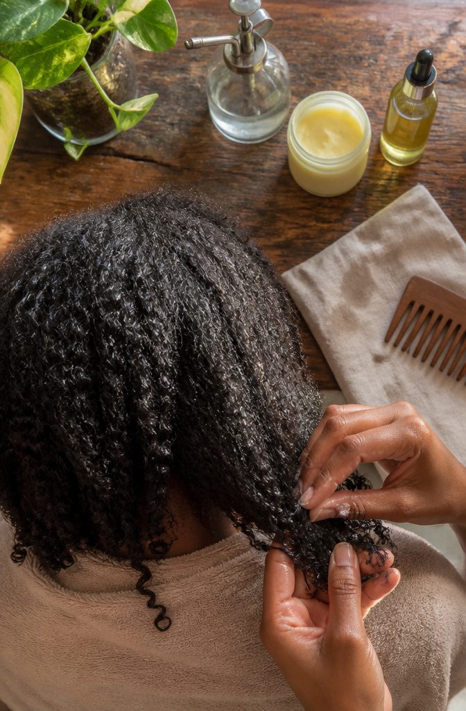Oil and butter sealants arranged beside natural hair after a water spritz
