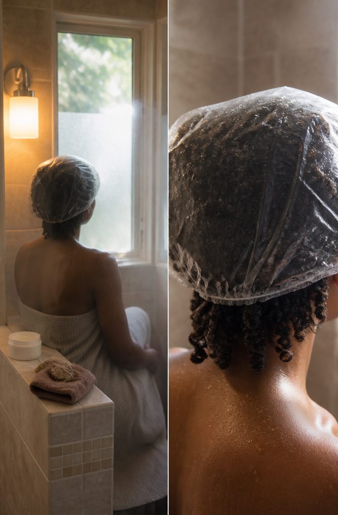 Deep conditioner and shower cap arranged for a steaming hair treatment