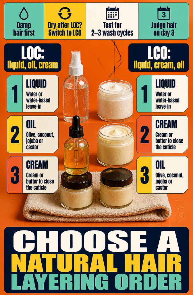 Liquid oil and cream hair products arranged in two layering sequences