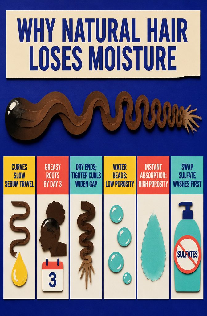 Curly hair strands showing bends that slow oil traveling from roots to ends