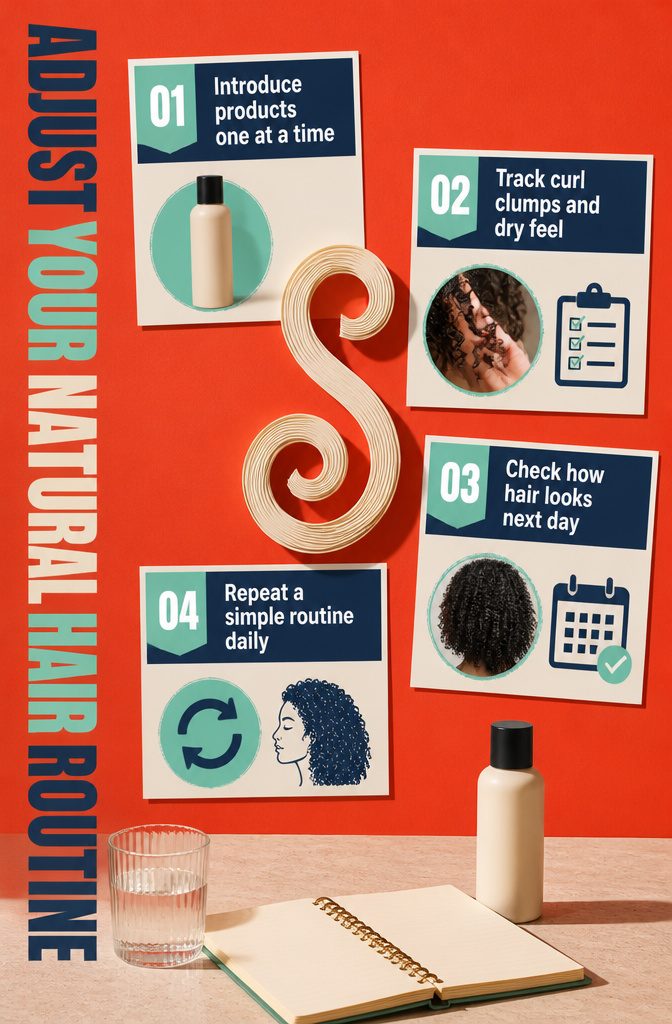Natural hair products arranged separately beside a curl routine notebook
