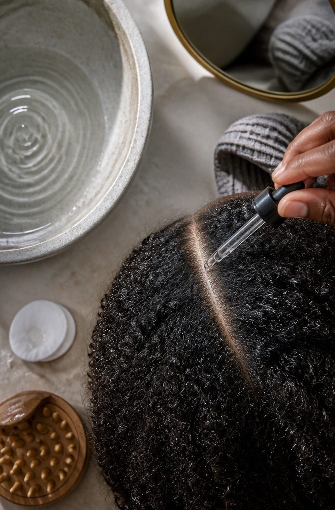 Scalp care products beside a natural hair part and cleansing brush