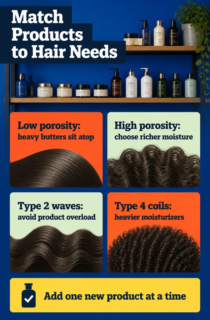Hair products grouped by porosity, curl pattern, strand width, and scalp type