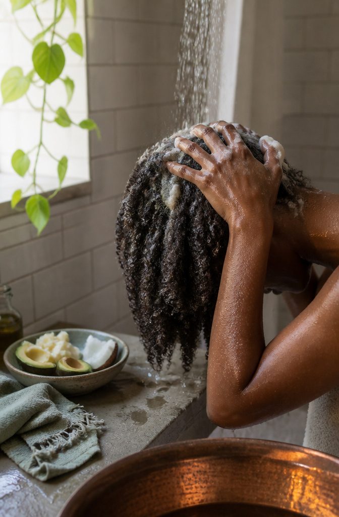 Wet natural curls under running water as fingertips massage shampoo into the scalp