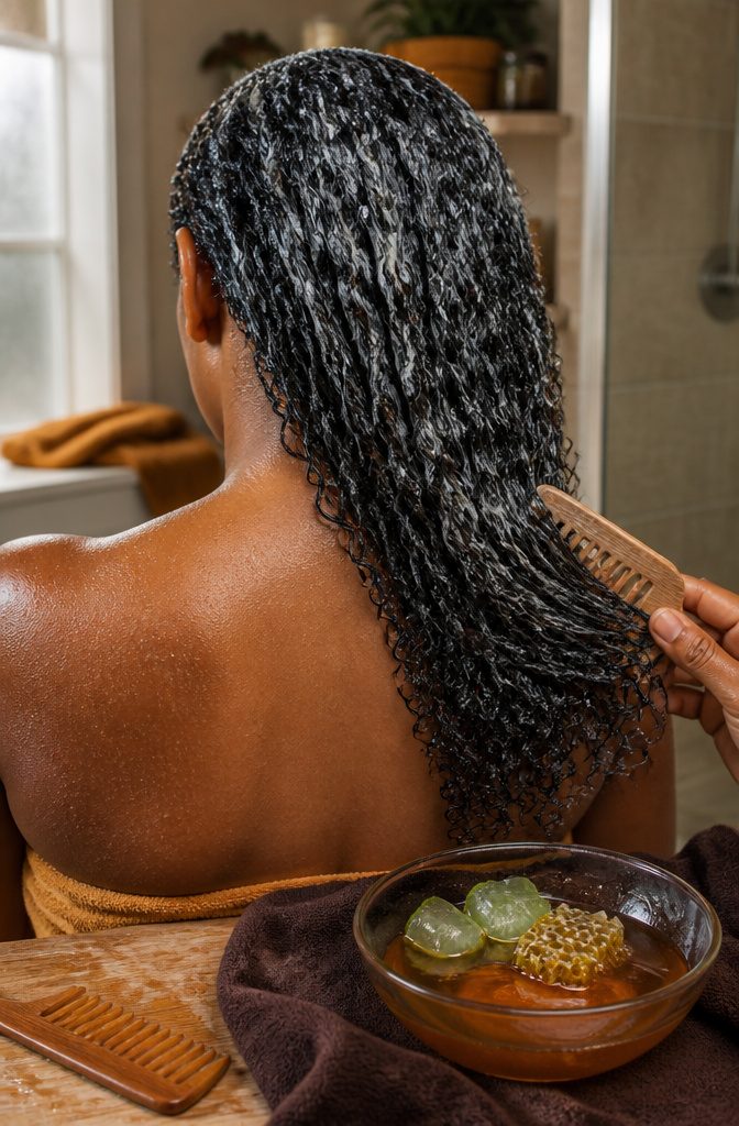 Conditioned natural curls beside a bowl of moisturizing hair mask