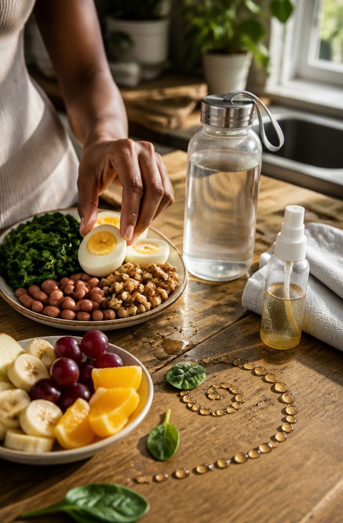 Eggs, beans, spinach, walnuts, fruit, and a reusable water bottle