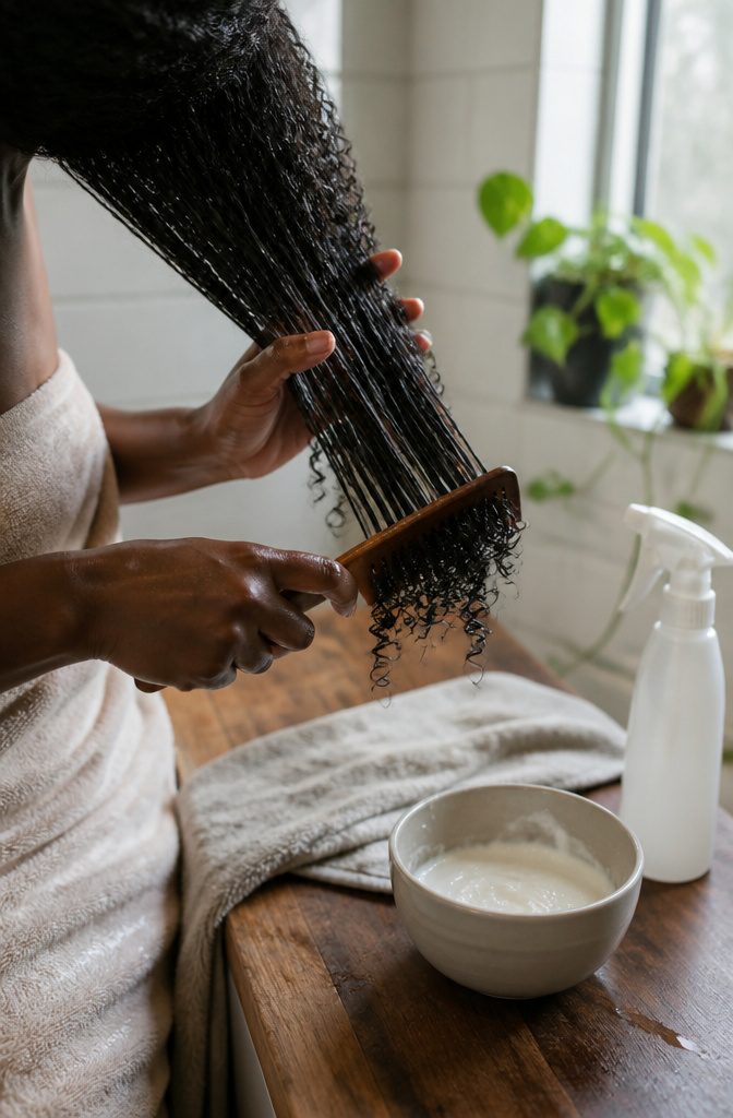 Wide-tooth comb detangling damp conditioned curls divided into sections