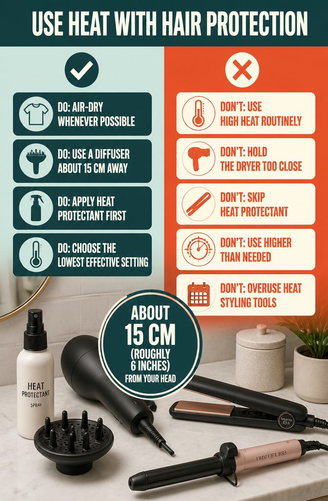 Diffuser held near natural curls with a heat protectant product