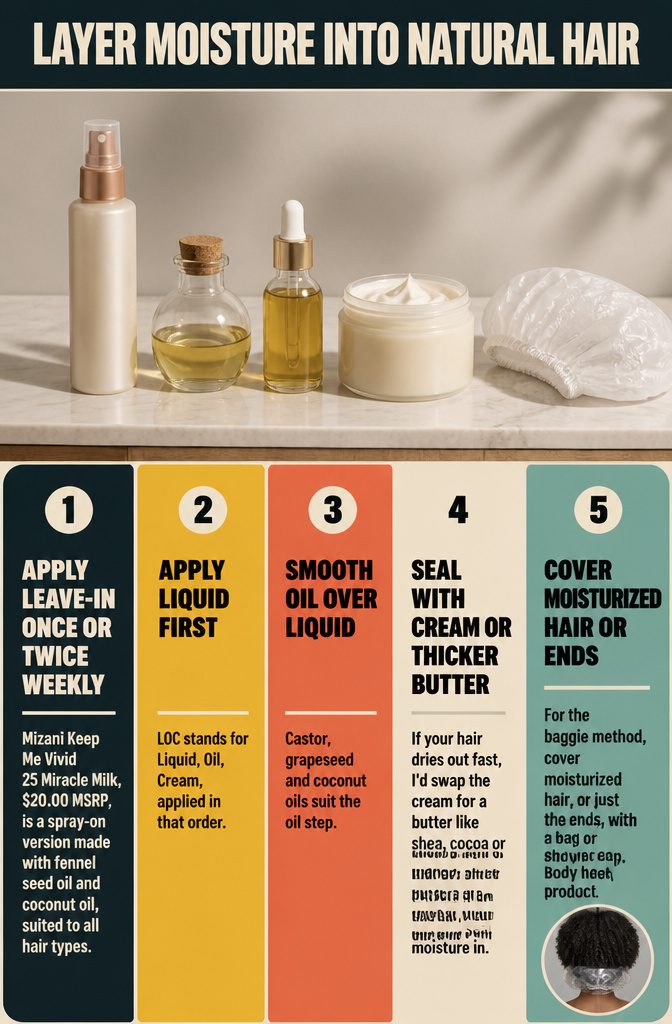 Natural hair moisture products arranged in liquid, oil, and cream layers
