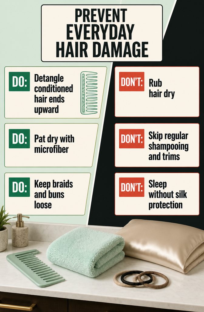 Wide-tooth comb, microfiber towel, heat protectant, and silk pillowcase
