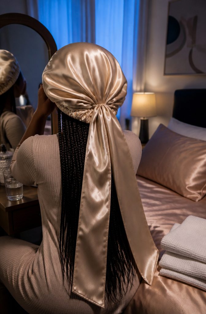 Natural curls wrapped in a satin scarf beside a satin pillowcase