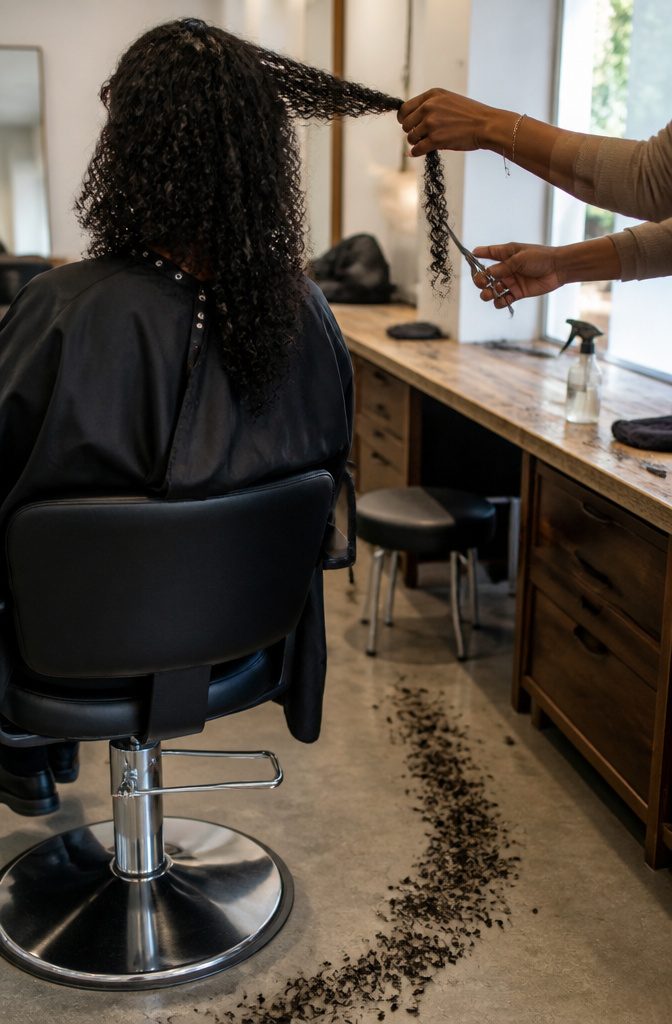 Stylist lifting a defined curl section as shears approach split ends