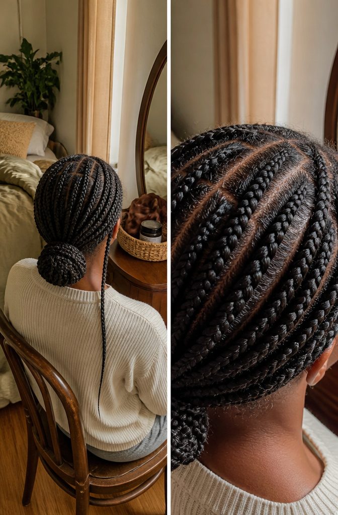 Natural hair arranged in protective braids and twists