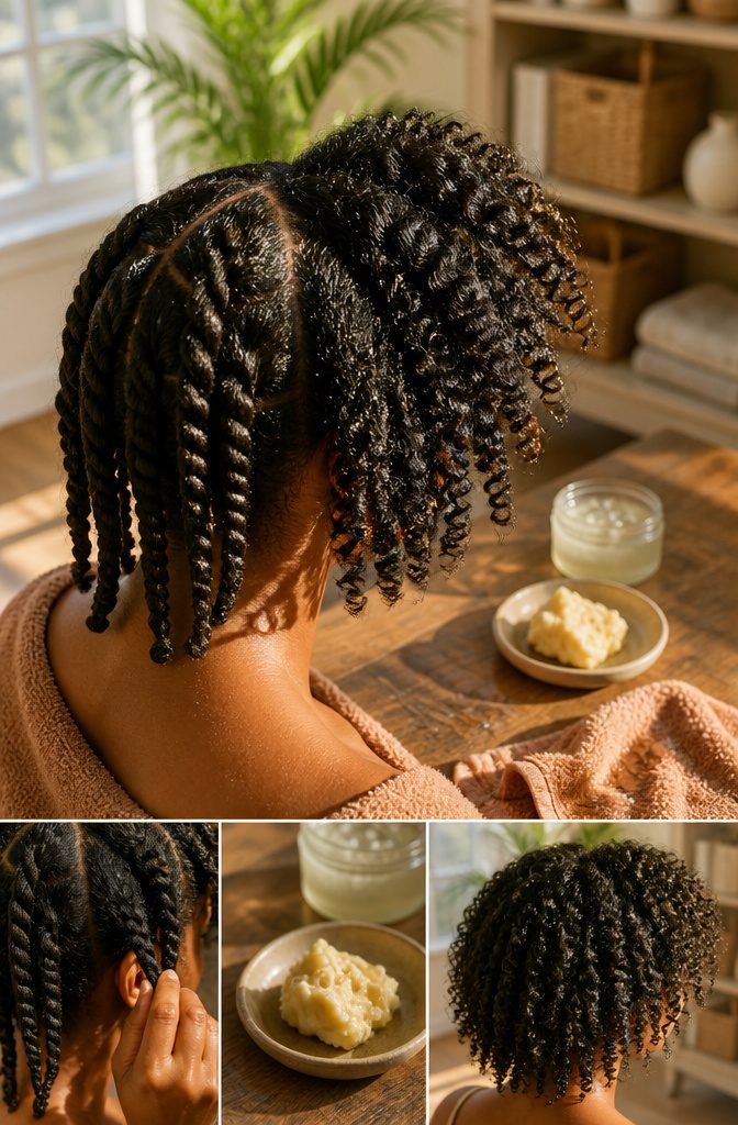Styling product applied to natural coils for a defined twist-out