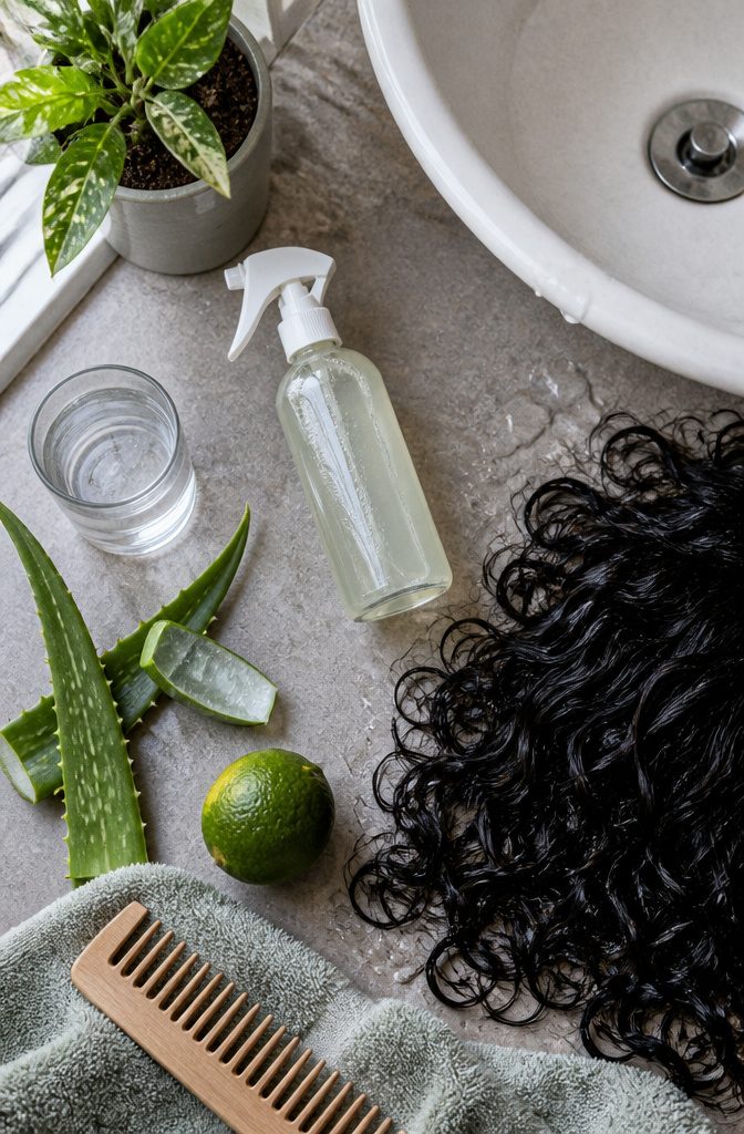 Natural hair spray bottle photographed for an article about natural hair spray
