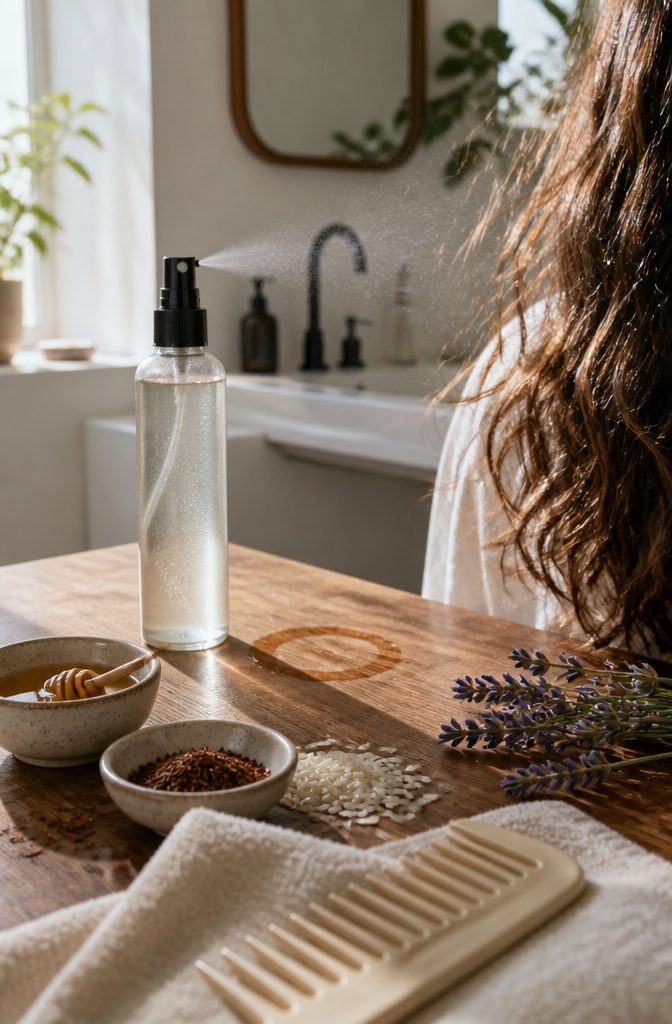 Propellant-free finishing spray beside loose waves honey rooibos leaves and rice grains