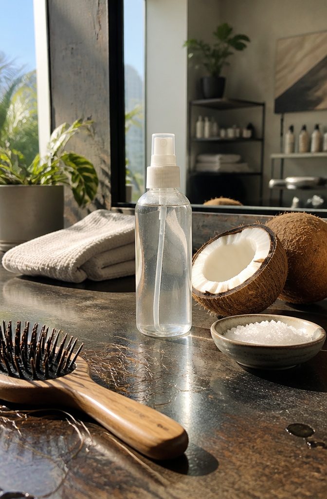 Continuous-spray bottle beside smoothed hair coconut fruit and a dish of sea salt