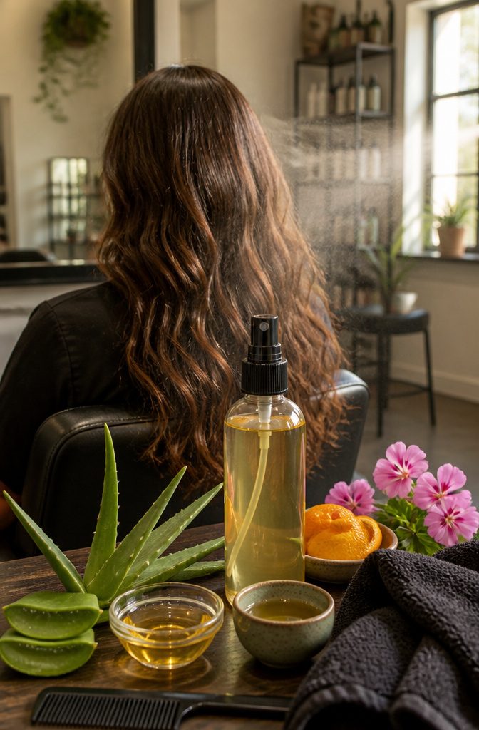 Natural hair spray bottle photographed for an article about natural hair spray